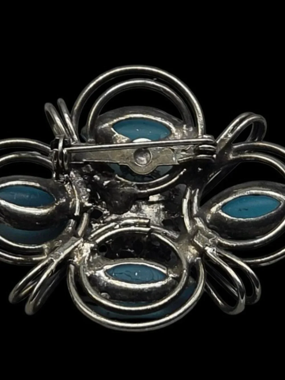Vintage Frosted Blue Marquise Glass Brooch Wire Wrap Central Rhinestone1980s